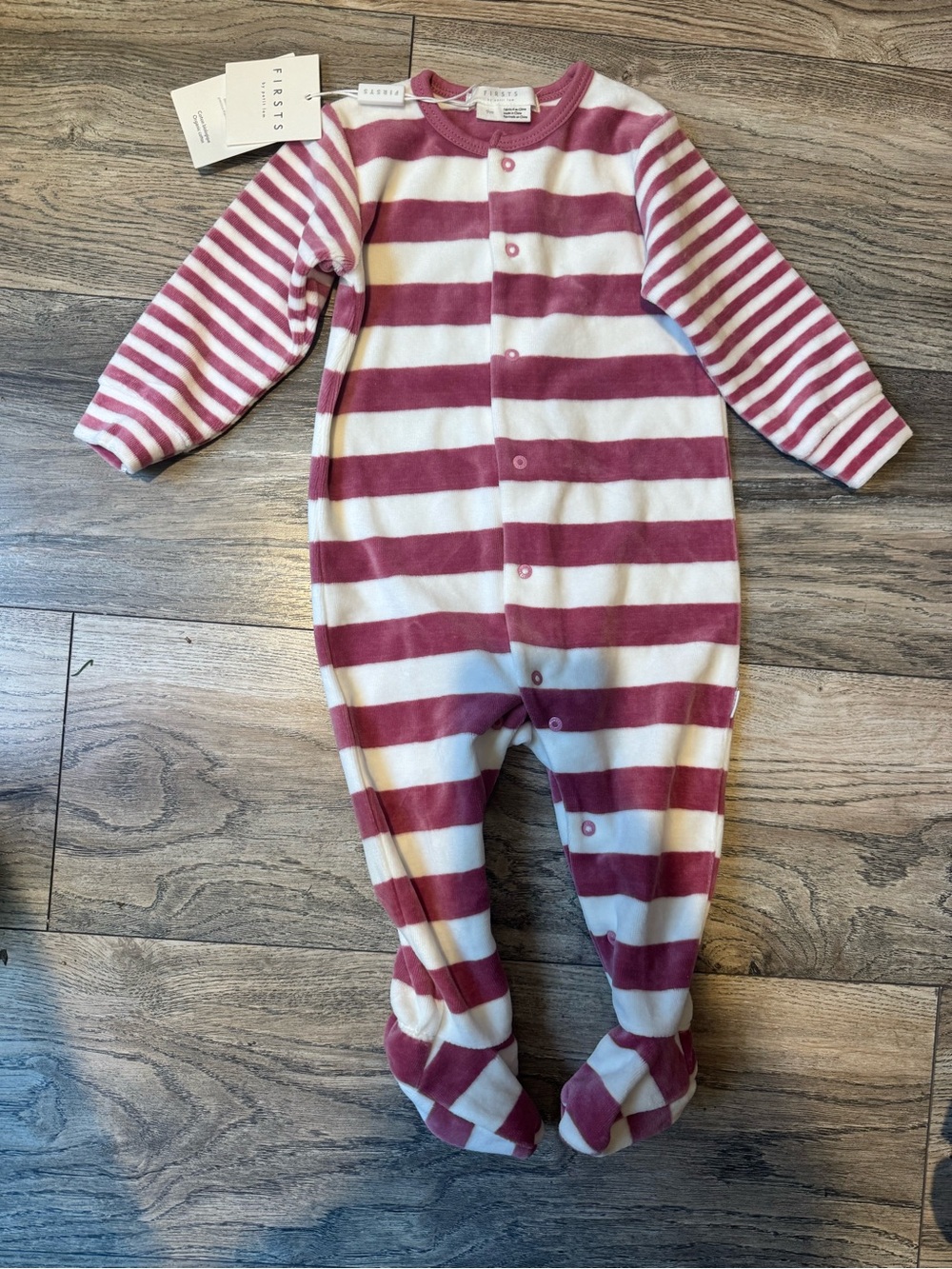 Firsts Pink and White Striped Fleece Footed One-Piece-9 months
